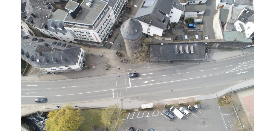 Die aktuelle Bestandssituation am Mühlenturm Drohnenaufnahme des betroffenen Bereichs