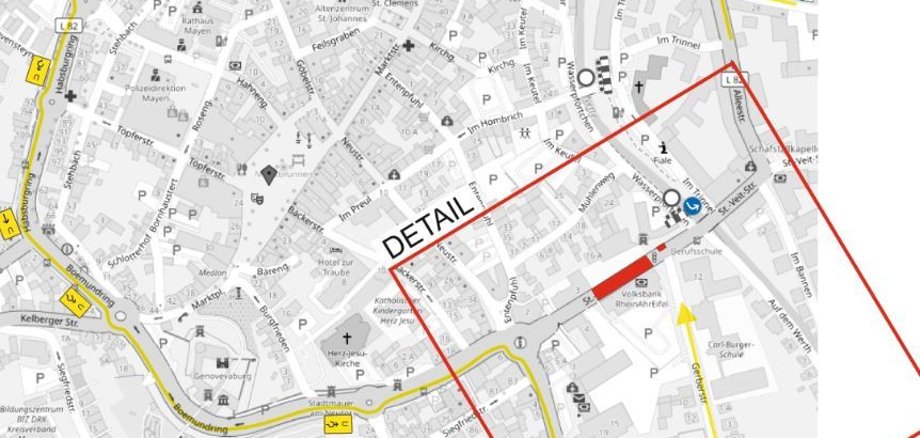 Abschnitt der Sperrung und der Umleitung Kartenausschnitt der Sperrung und der Umleitung