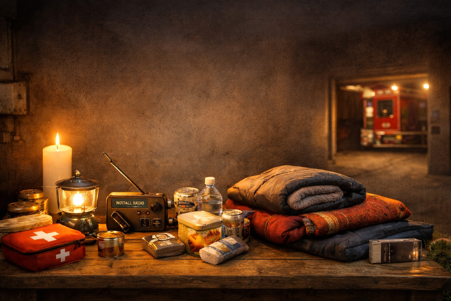 Viele nützliche Dinge, die bei einem Stromausfall helfen liegen auf einem Tisch