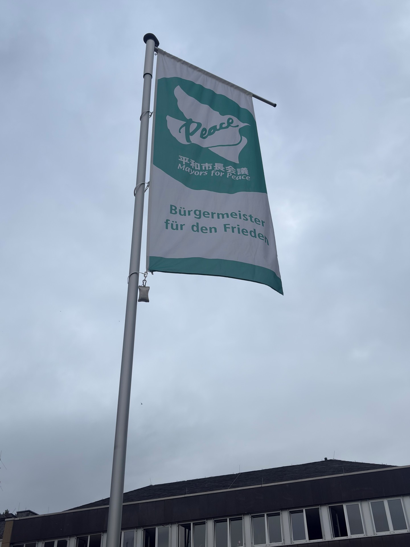 Mayors for Prace Flagge gehisst vor bewölktem Himmel