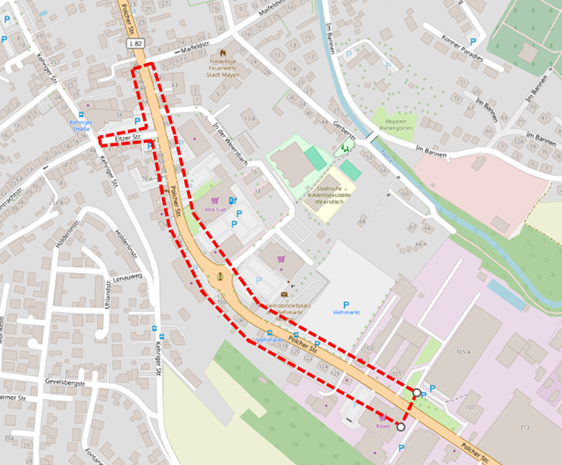 Straßenkarte mit Baustellenmarkierung