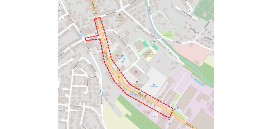 Der betroffene Abschnitt in der Polcher Straße Straßenkarte mit Baustellenmarkierung