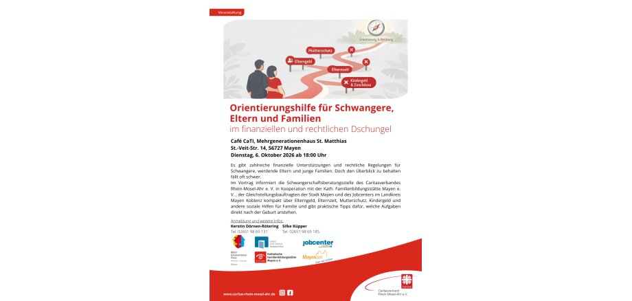 Informationsabend „Orientierungshilfe für Schwangere, Eltern und Familien“ am Dienstag, 6. Oktober 2026, um 18 Uhr im Café CaTI des Mehrgenerationenhauses St. Matthias in Mayen Flyer zum Informationsabend