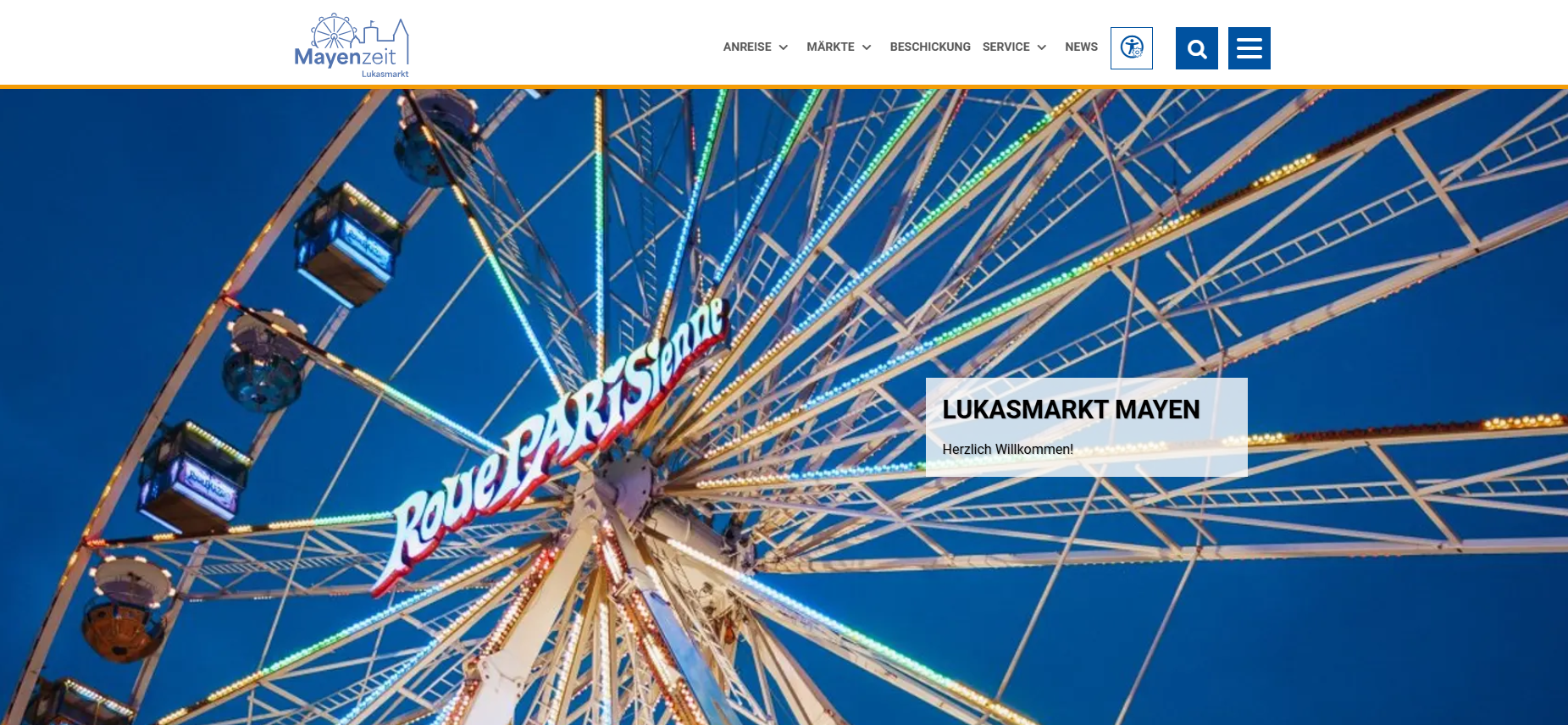 Ein neuer digitaler Treffpunkt für den Lukasmarkt: Unter der neuen Internetseite finden Besucherinnen und Besucher alle wichtigen Informationen auf einen Blick.
Screenshot von der neuen Homepage auf der ein Bild eines Riesenrads zu sehen ist
