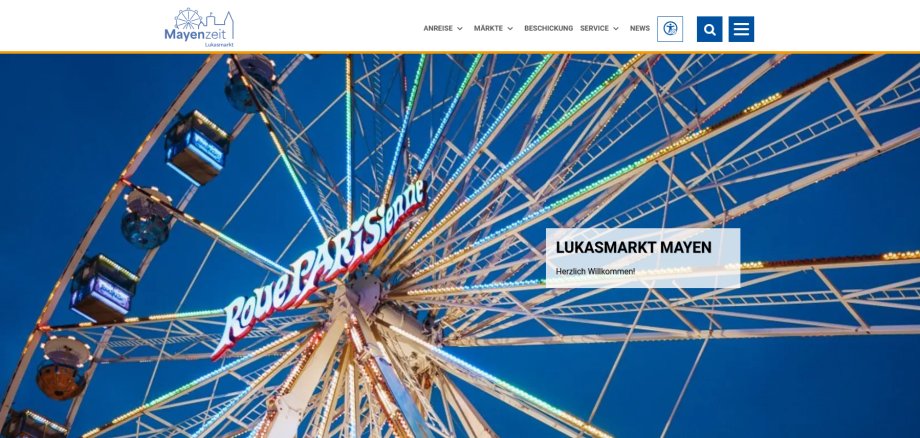 Ein neuer digitaler Treffpunkt für den Lukasmarkt: Unter der neuen Internetseite finden Besucherinnen und Besucher alle wichtigen Informationen auf einen Blick.
Screenshot von der neuen Homepage auf der ein Bild eines Riesenrads zu sehen ist