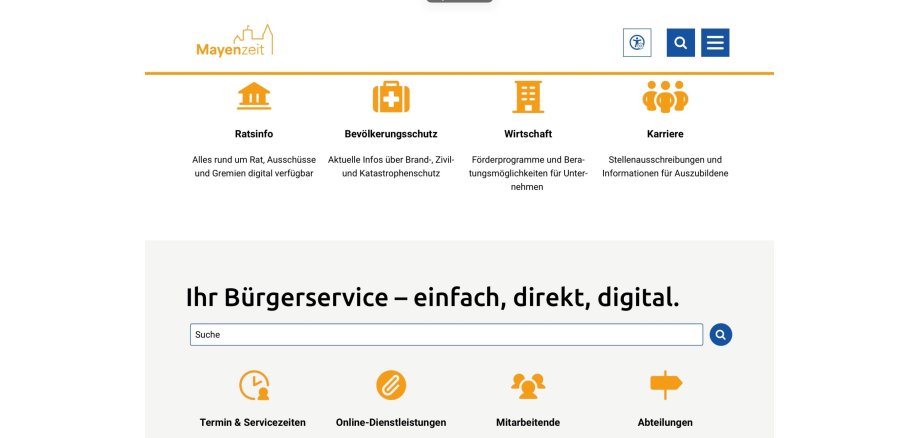 Mit neuem Design und erweiterten barrierefreien Angeboten präsentiert sich die städtische Homepage Mayen.de moderner, übersichtlicher und nutzerfreundlicher. Screenshot der neuen Homepage