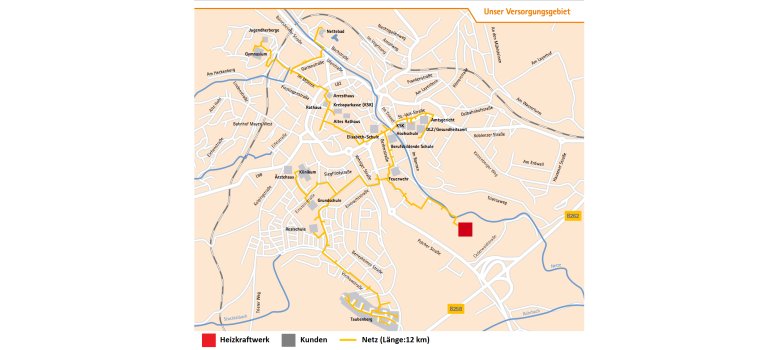 Kartenausschnitt vom Versorgungsgebiet der Fernwärme.