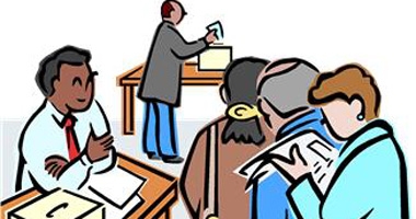 Symbolbild zum Wahlbüro - das Bild zeigt Personengrafiken, die im Wahlbüro ihre Stimme an der Urne abgeben.