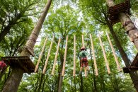 Freiraum Kletterwald Vulkanpark ein Kind klettert entlang mehrerer Sprossen von einem Baum zum andern