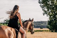 Reiten eine Frau reitet auf einem Pferd durch die Natur