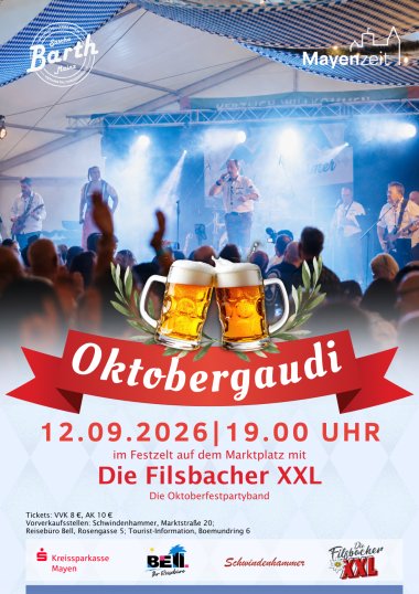 Grafik über die Oktobergaudi die am 12.09.2026 um 19 Uhr auf dem Marktplatz im Festzelt stattfindet. Tickets erforderlich, erhältlich im Reisebüro Bell 