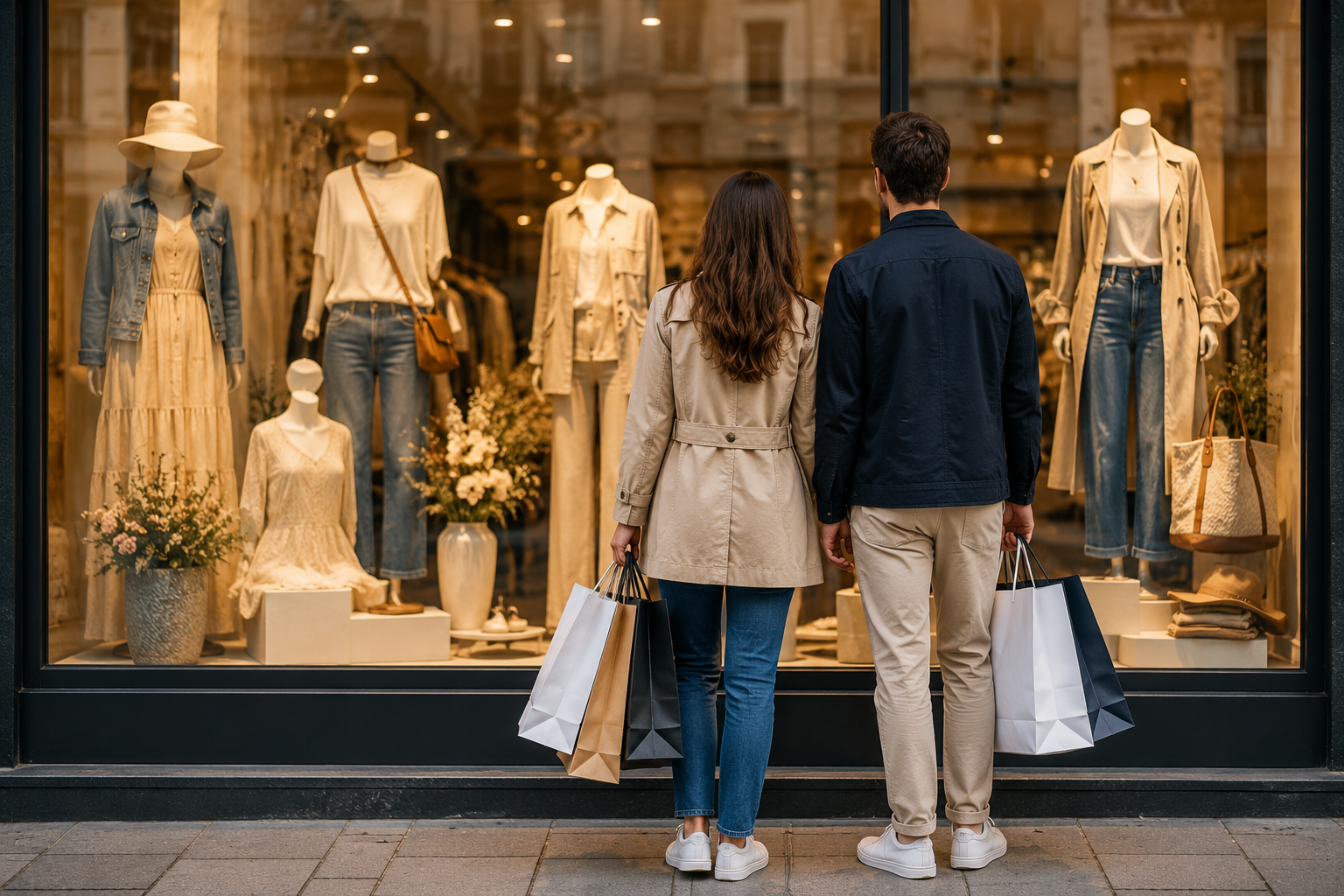 Shoppen in der Innenstadt Paar mit Tüten vor dem Schaufenster