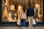 Shoppen in der Innenstadt Paar mit Tüten vor dem Schaufenster